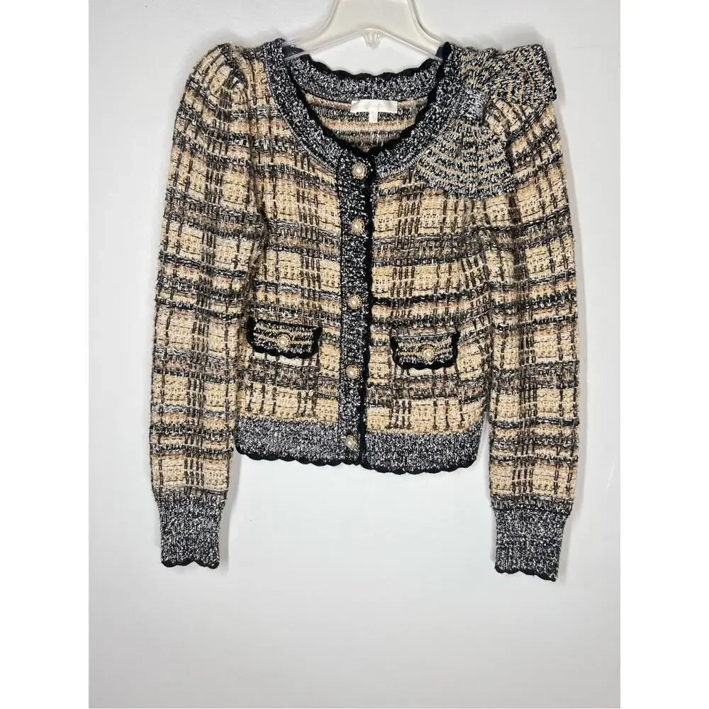 LoveShackFancy Chantria Tweed Knit Cardigan Pearl Button Bouclé Sweater Jacket S
